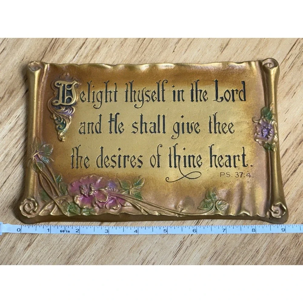 Vintage 1928 AE Mitchell Art Co Metal Scripture Wall Plaque Psalm 37:4 Gold 9in